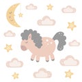 Cute cartoon sleeping baby horse with a moon, stars and clouds in the sky. Good night theme. Baby animals. Royalty Free Stock Photo